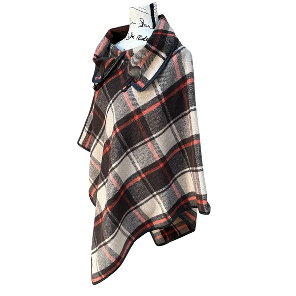 Plaid Poncho with Button Details Brown Beige Orange - Picture 2 of 7